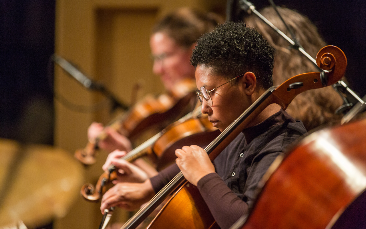 Ebony Miranda playing the cello, photo by Daniel Sheehan.