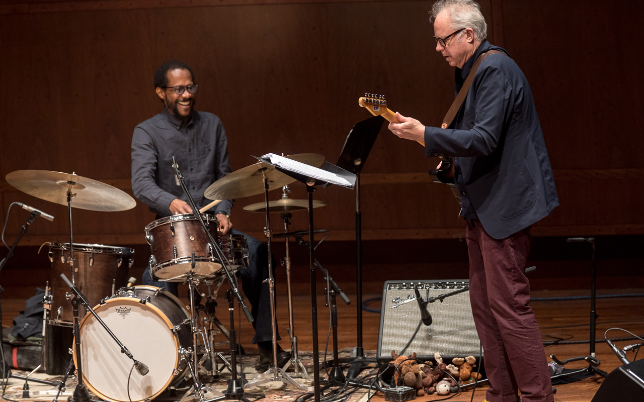 Brian Blade playing drums and Bill Frisell playing guitar, photo by Daniel Sheehan.