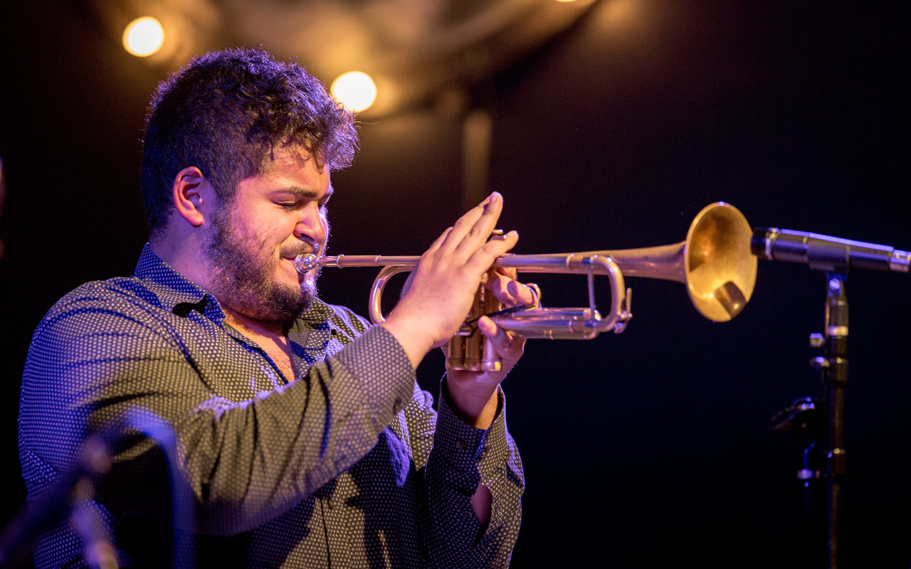 Adam O'Farrill playing trumpet, photo by Daniel Sheehan.