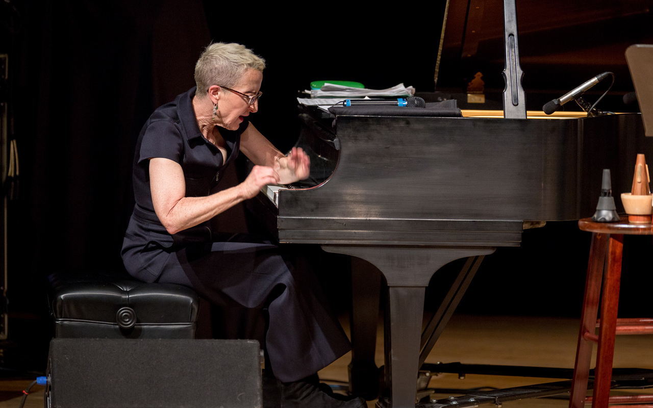 Myra Melford playing piano, photo by Daniel Sheehan.
