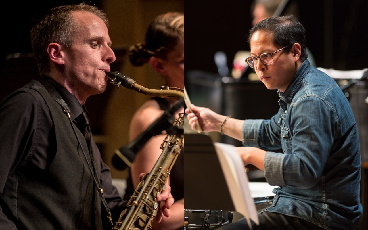 Bad Luck Neil Welch playing a saxophone looking at Chris Icasiano playing drums