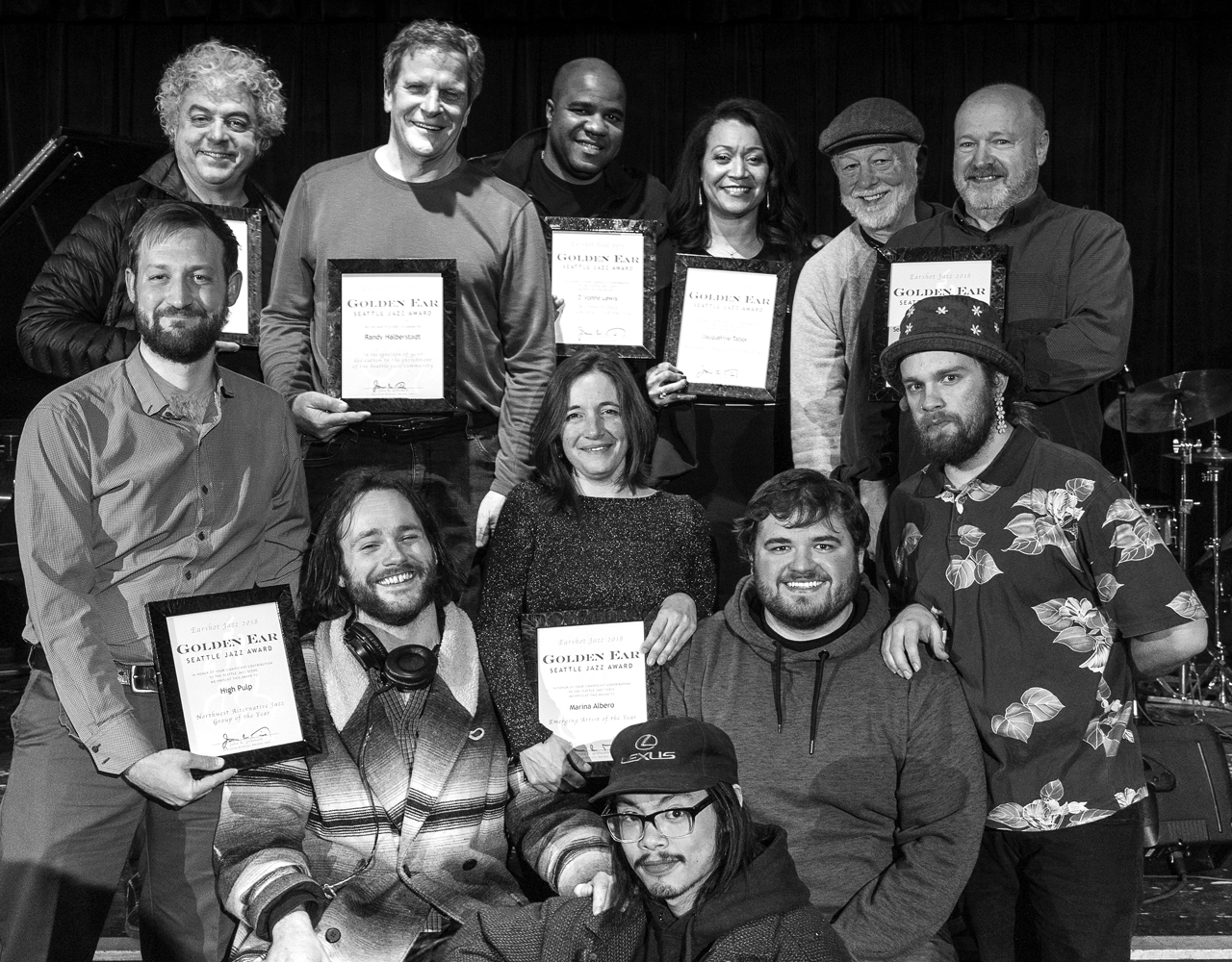 2018 Golden Ear Awardees
Top L-R Jovino Santos Neto, Randy Halberstadt, D'Vonne Lewis, Jacqueline Tabor, Wally Shoup, Michael Brockman.
Bottom L-R Rob Homan, Andrew Morrill, Marina Albero, Victor Nguyen, Drew Pine, Rob Granfelt. Photo by Daniel Sheehan.