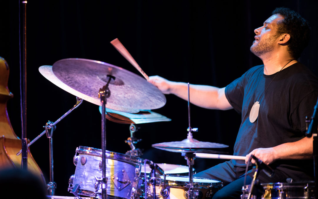Makaya McCraven playing drums at the Royal Room, part of the 2019 Earshot Jazz Festival
