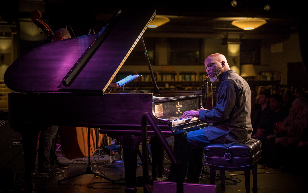 Orrin Evans playing piano at the Town Hall Forum during the 2019 Earshot Jazz Festival