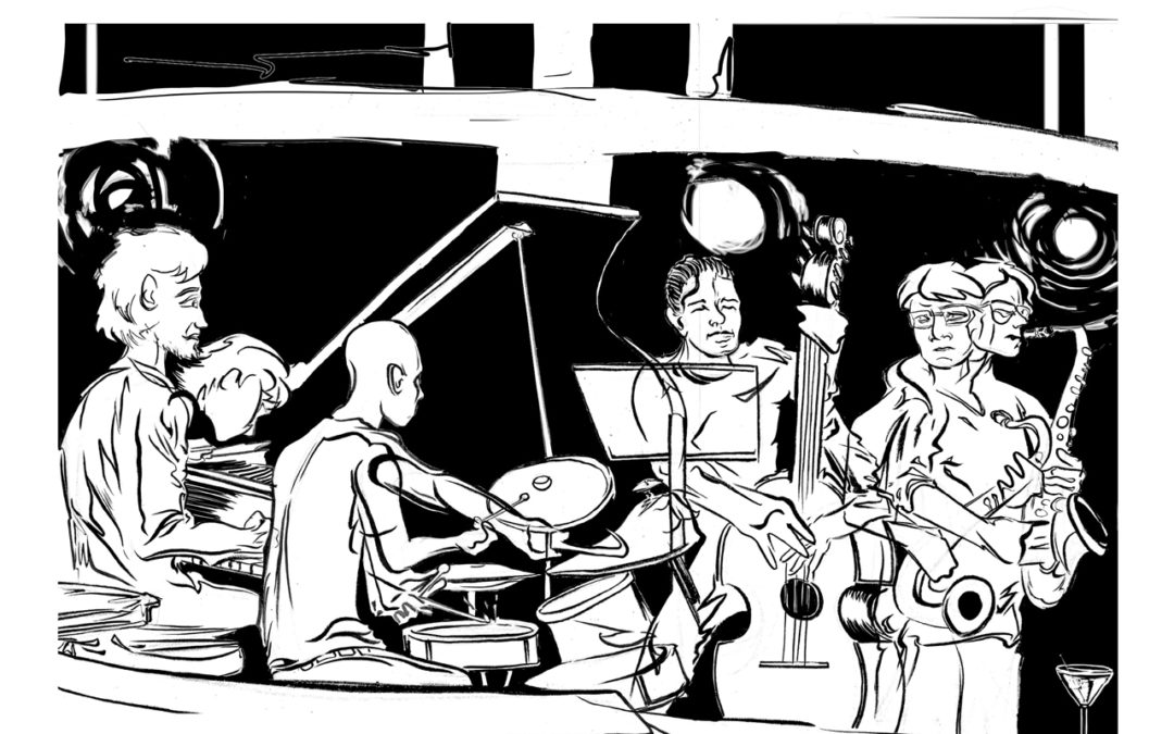 Black and white drawing by Reed Olsen depicting Seattle musicians playing at Vito's Bar