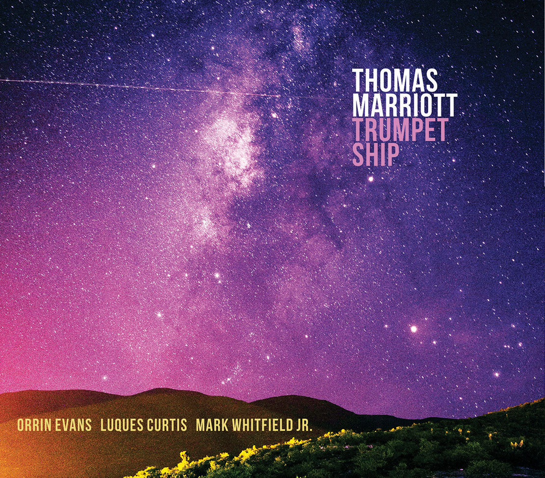 Album cover of a starry sky and hill with the text Thomas Marriott Trumpet Ship