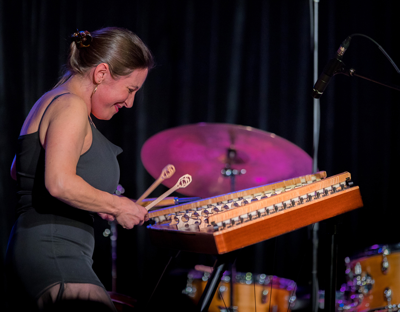 Terry Lyne Carrington playing drums at the 2019 Kris Davis Earshot Jazz Festival concert at on Seattle Art Museum stage