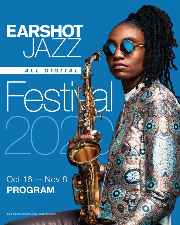 Program Cover for the 2020 Festival featuring Lakecia Benjamin holding her saxophone, wearing bright blue reflective sun glasses.