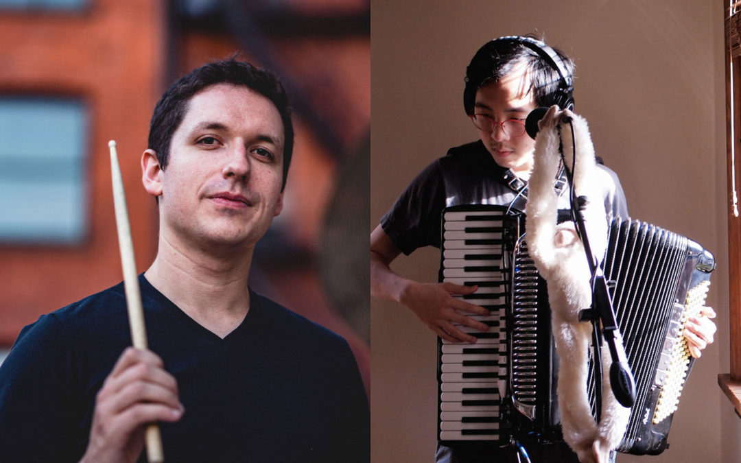 Maz Holberg playing the drums and Josh Hou playing the accordion