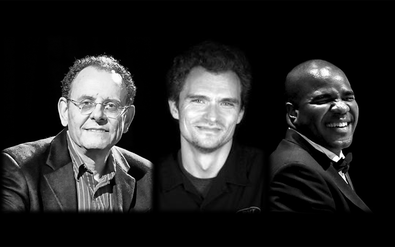 A black and white image of Francesco Crosara, Farko Dosumov, and D'Vonne Lewis.